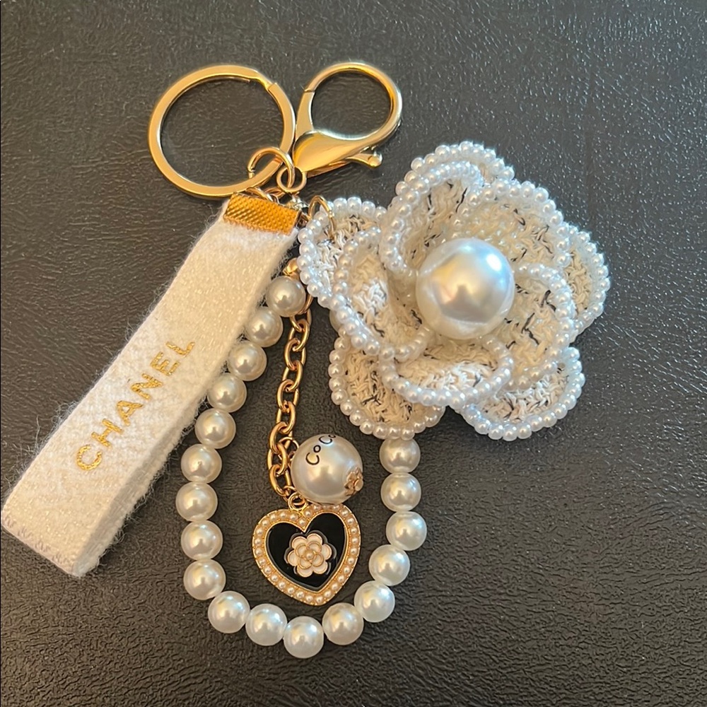 White and Gold Keychain with Camila Flower and Authentic Chanel Ribbon